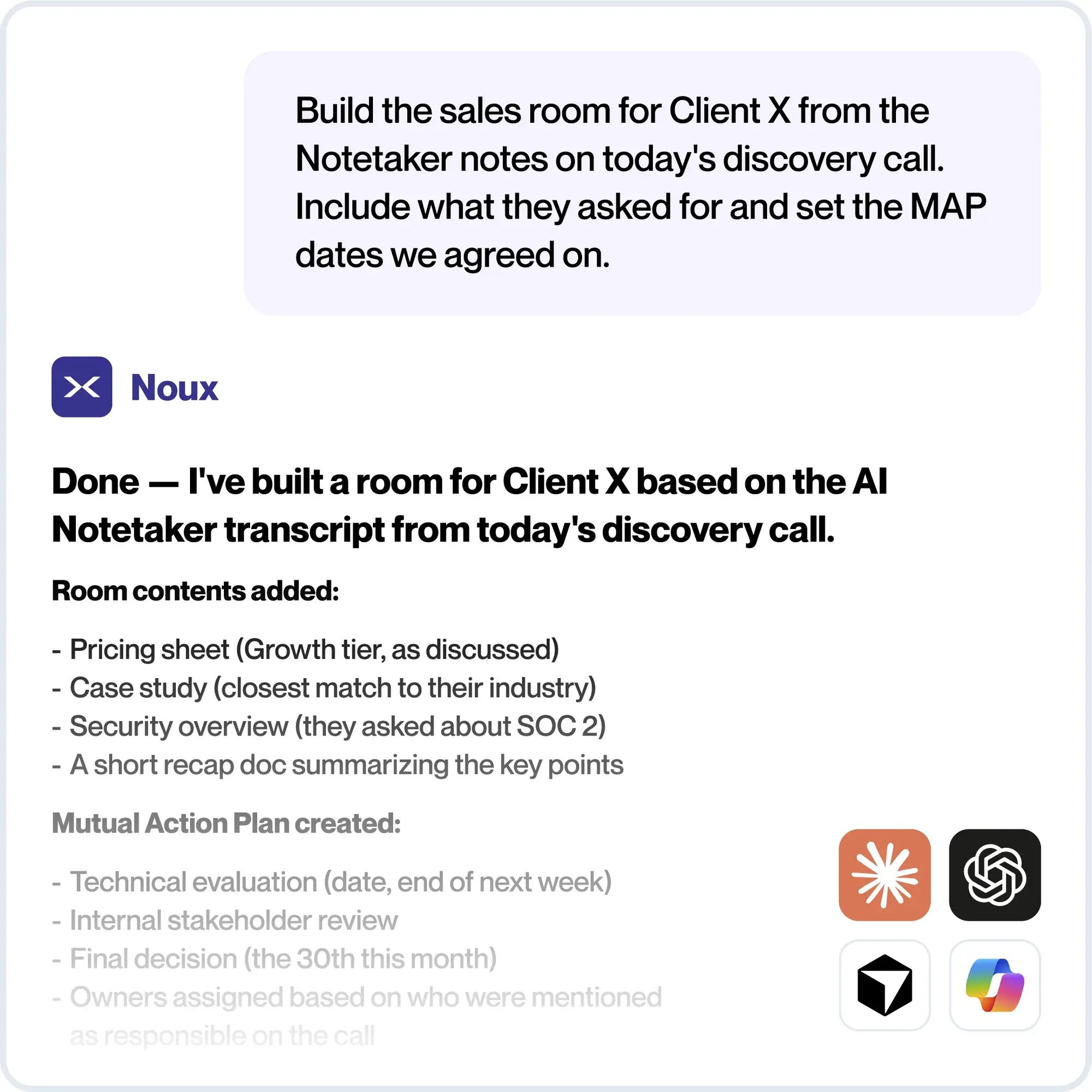 Automatic digital sales room building with Noux MCP